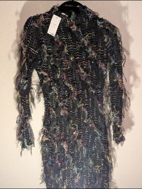 Wowo Brand  Black Multicolor Fringe Long Sleeve Dress